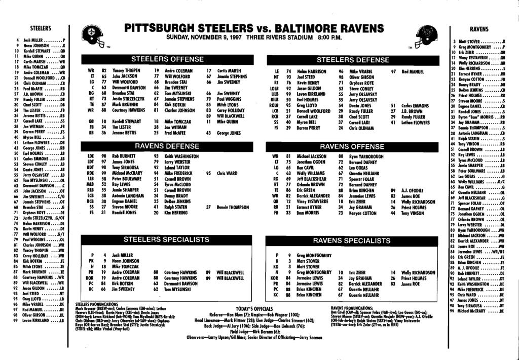 STEELERS 4 Josh MILLER. P 9 Norm JOHNSON K 1 Kordell STE WART....QB 11 MIke OUINN OB 17 Curtis MARSH WR 18 Mike TOMCZAK. +...OB 19 Andre COLEMAN....WR 21 Donnell WOOLFORD +.
