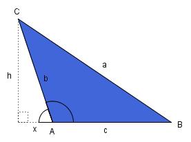 Vi lar så A 90 Vi bruker Pytagoras læresetning på figuren a h ( c x) a h c 2cx x 2 2 a h x c 2c x Vi har h x b og x cos(180 A) b cos(180 A) cos(a) x -cos(a) = b xbcos( A) a b c c 2