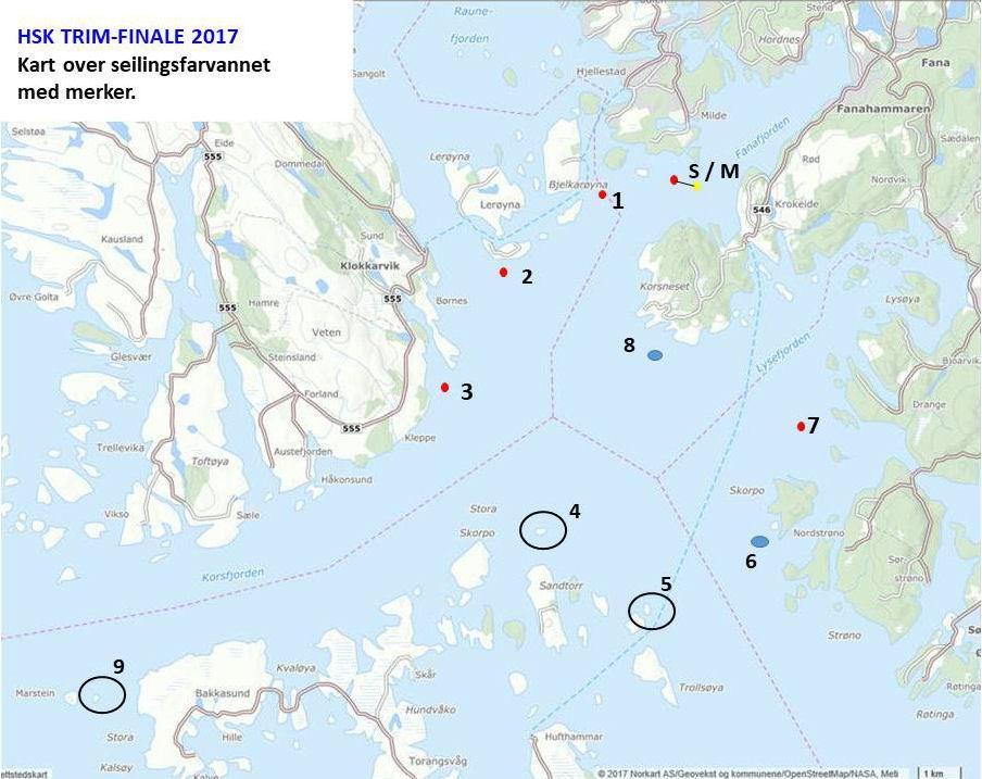 9. SEILASENS FARVANN 9.1 Kart med merkeplasseringer NB. Kartet gir kun en oversikt over farvannet hvor seilasen vil finne sted, og med omtrentlig angivelse av hvor merkene befinner seg.