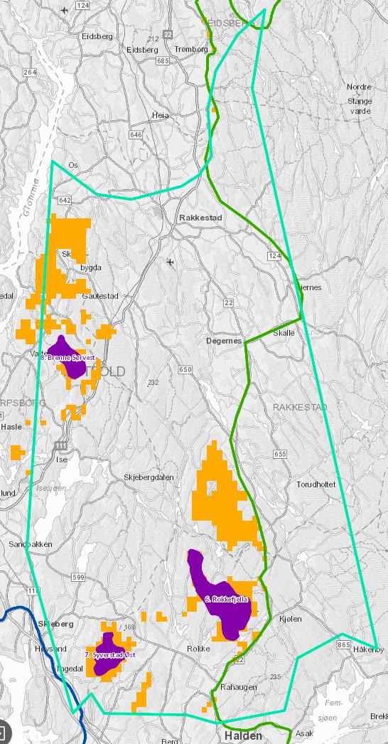 Utsnitt fra regional plan med inntegnet avgrensning av NVEs utpekte område uten myke og harde