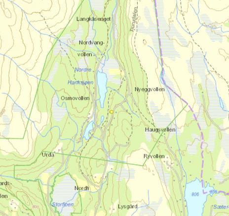 Kartutsnitt som viser beliggenheten for fritidseiendommen i Vangrøftdalen og Kjurrudalen landskapsvernområde. Fritidseiendommen ble etablert i 1966 og har et tomteareal er på 2.114 m 2.