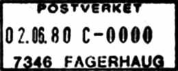 Stempel nr. 5 Type: I22N Utsendt FAGERHAUG 1 Innsendt 7346 Registrert brukt fra 2-6-80 IWR til 31.10.