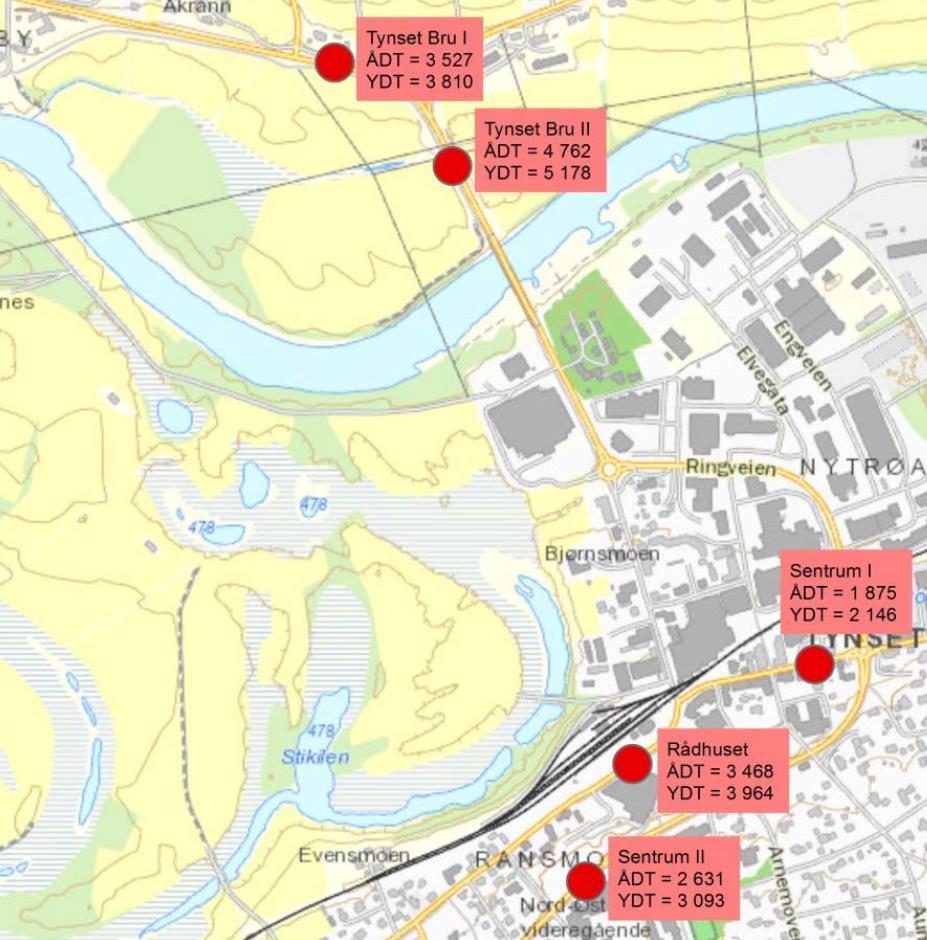 Fig. 5 ÅDT og YDT i Tynset sentrum (KDP Tynset tettsted, Delutredning 2: Samferdsel og transportanalyse, ØF-rapport 07/2015).