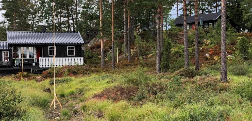 Rød strek viser cote 198 (topp møne i ny reguleringsplan for tomt 16) Skravur viser hvor bebyggelse kan hindre utsikt for Nesstranda 12 mot Vegår.