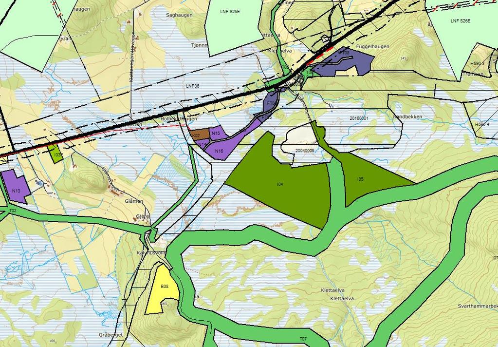 Viktigaste endringane i planen, Glåmsmyrane Det er sett av næringsareal ved framtidig avkøyrsle mellom ny og gammal E39 på Glåmsmyrane, og næringsarealet er også knytt til rasteplassen ved Klettelva