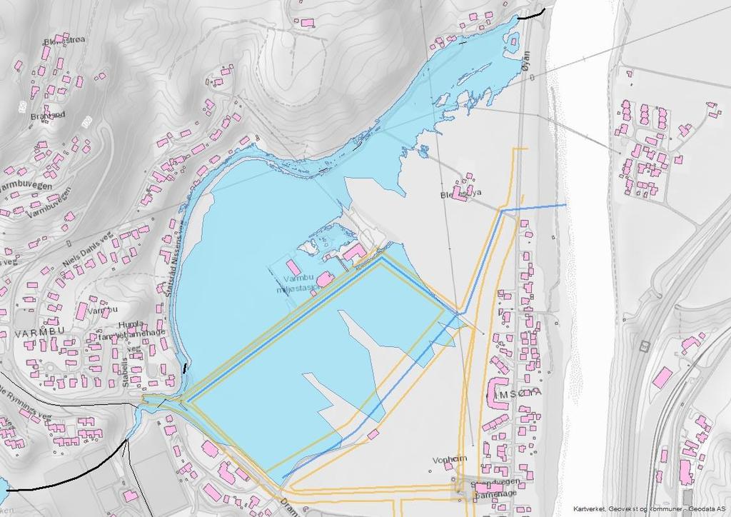 Flomvurdering av Gimsøya 22 av 40 Figur 18 Flomsonekart ved dimensjonerende flom, 200-års flom inklusiv klimafaktor, i Varmbebekken for eksisterende situasjon. 5.