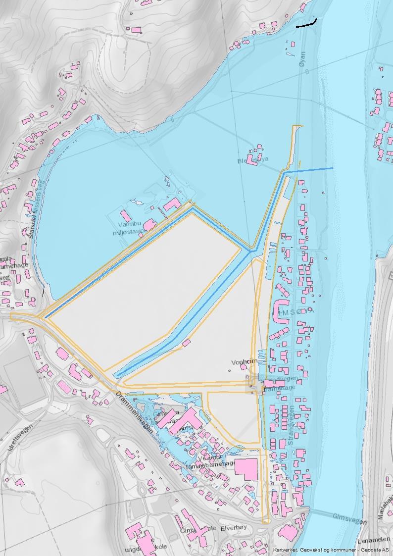 Flomvurdering av Gimsøya 23 av 40 Figur 19 Flomsonekart som viser områder som blir vanndekt ved en 200-års