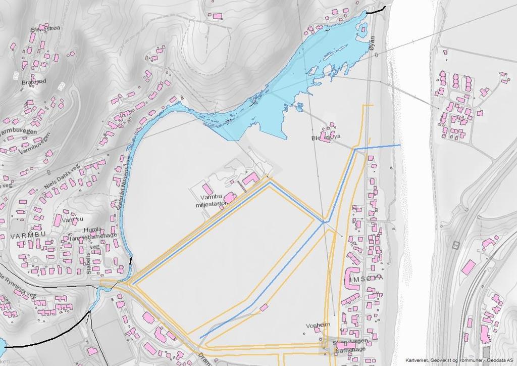 Flomvurdering av Gimsøya 33 av 40 flomsonekartet. Med tanke på at pumpestasjonen ikke er en del av planområdet, vil det ikke bety noe for utbyggingen.