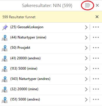 Det kan bli mange treff, og derfor kan det lønne seg å endre visningen fra listen i informasjonspanelet til en tabell. Åpne panelvelgeren (markert med rødt) og velg «Bytt til tabell».