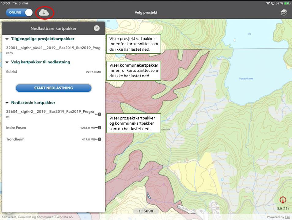 5.2 Online og offline 5.2.1 Laste ned kartpakker Til hvert prosjekt er det generert kartpakker som kan lastes ned på enheten og som kan fungere som lokalt bakgrunnskart når du har satt appen i