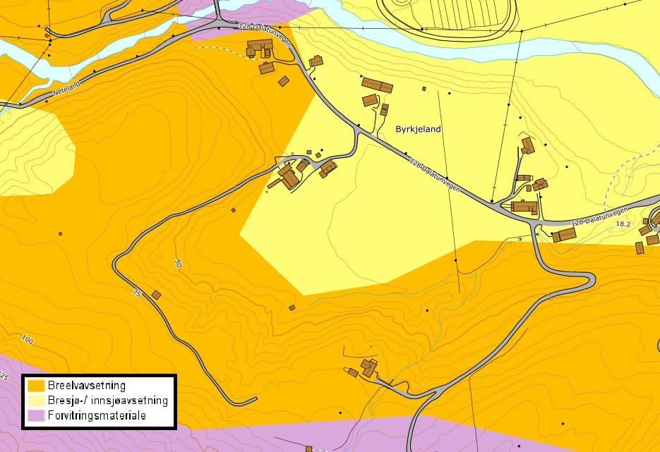 Figur 4. Løsmassekart over det planlagte deponiområde på Byrkjeland. Kilde: kilden.nibio.