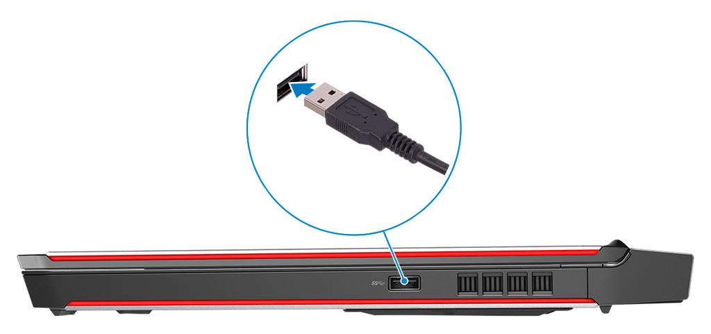 3 Koble USB-kabelen fra Vive-huben til USB 3.1 Gen 1-porten på høyre side av datamaskinen. 4 Følg instruksjonene på skjermen for å fullføre konfigureringen.