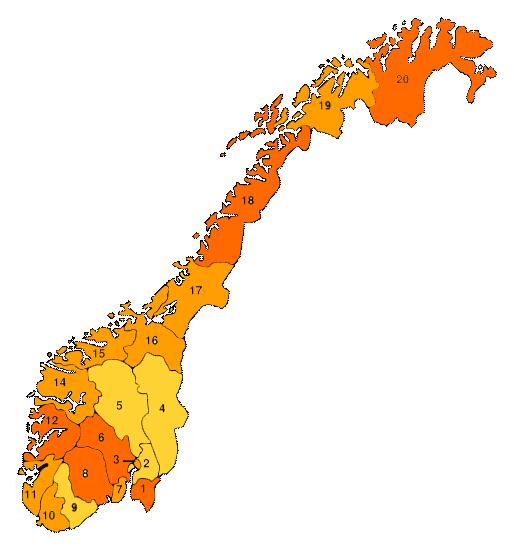 Fylkesvis fordeling av spillvarme > 1000 GWh/år 100-1000 GWh/år Nr 1 Fylke Østfold Kilder GWh 2624,6 < 100 GWh/år 2 3 Akershus Oslo 77,5 130,0 4 Hedmark 32,6 5 Oppland 51,0 6 Buskerud 1475,6 7