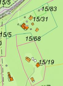 skogsområde SB-149 gbnr 15/19 tas ut pga strandssone Matrikkel 15/31 og 15/19 Eksisterende bebyggelse