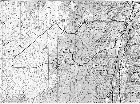 Figur 6. Røklandbekkens nedbørfelt. En flomfrekvensanalyse for 161.6 Staupåga, som ligger i en sideelv til Beiarelva og som har et nedbørfelt på 18.