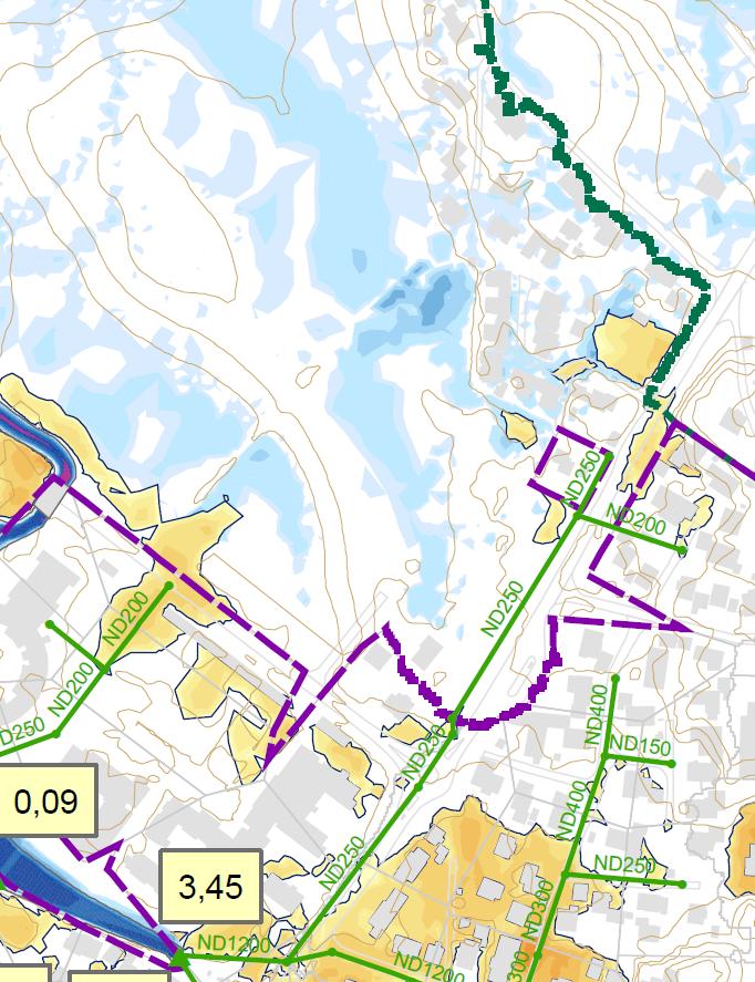 Intensivbelysning på kryssingspunkt er på plass og er til god hjelp for svaksynte. 5.7 Teknisk infrastruktur Figur 11: Til venstre: 200 års flaum utan tiltak. Raud strek viser planområdet.