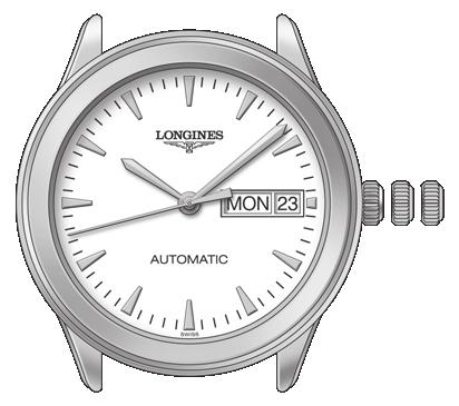 Selvopptrekkende ur L636, L897 579 Timeviser Minuttviser Timeviser Minuttviser Krone med tre posisjoner Krone med tre posisjoner Sekundviser 1 2 3 Vindu for dag og dato Sekundviser 1 2 3 Vindu for