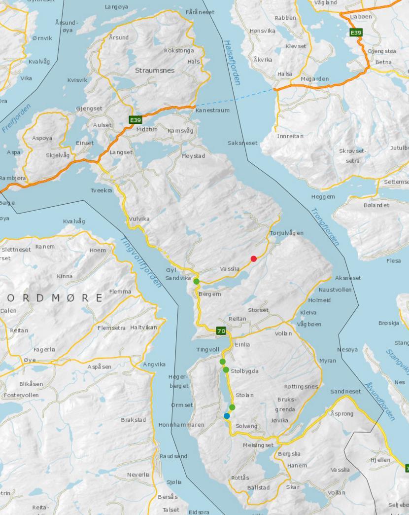 Bilde 3. Trafikkulykker i Tingvoll kommune 2007-207 der grønn = alvorlig skade, blå = meget alvorlig skade og rød = drepte (vegkart.no, 5.0.208). Tabell.