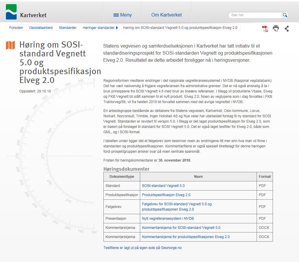 Høring om SOSI-standard Vegnett 5.0 og produktspesifikasjon Elveg 2.0 https://kartverket.