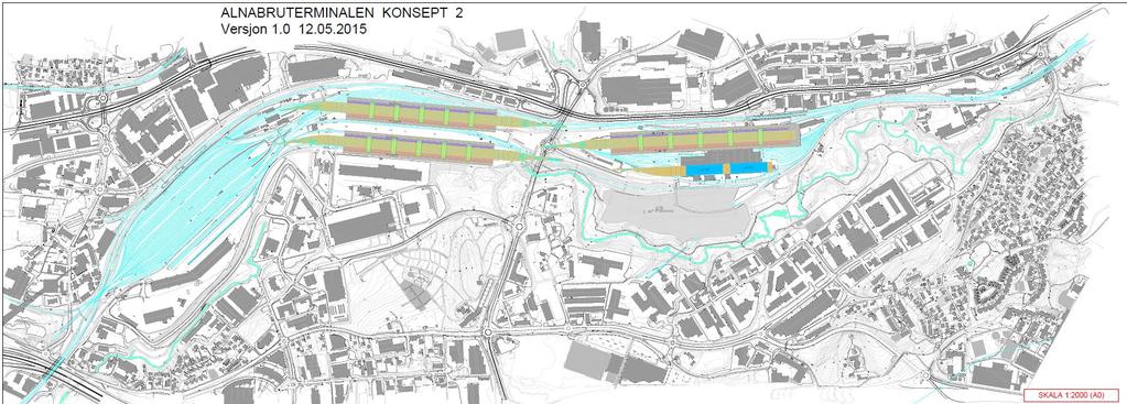 4 Konsepter 4.2 Konsept 2 Konsept 2 bygger på å ta i bruk Grorudområdet med en sekketerminal samt dagens A-spor og ACN med gjennomkjøringsterminaler. Modul som kan håndtere 650 meter lange tog på ACN.