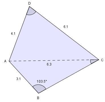Oppgave 5 I firkanten ABCD er AB 3,1, CD 6,1, AD 4,1, diagonalen AC 6,3 og B 103,5. a) Finn BCA ved regning.