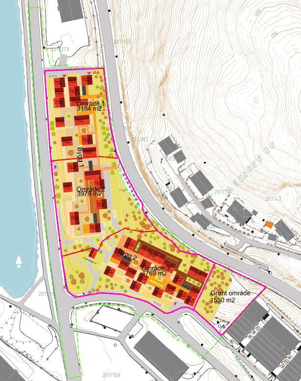 7 Figur 1 Planområdet er markert med grønt, mens område inndelingen er markert med rød og rosa.