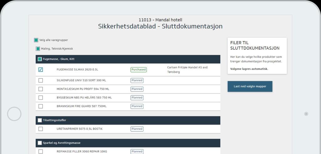 Overlevering Leverer komplett produktliste med lenker til dokumentasjon i