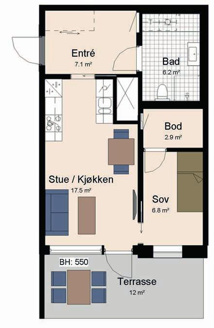 roms, 45 m 2 BRA 2 2-roms leilighet Sydvendt terrasse på 12 m2 Kjøkken med integrerte hvitevarer Bod på innsiden av soverom som kan brukes til «walk-in-closet» Entré med plass til garderobeskap Stort