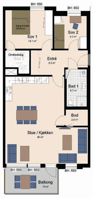 roms, 95 m 2 BRA 4 Gjennomgående 4-roms leilighet Sydvendt balkong på 10 m2 Vinkelkjøkken med integrerte