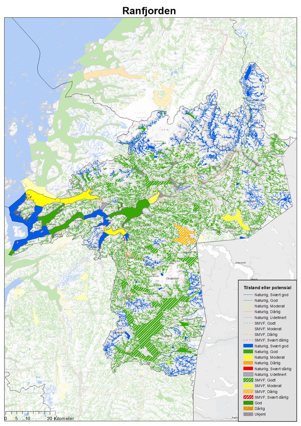 Figur 9. Økologisk tilstand eller potensial i vannområde Rødøy/Lurøy ut fra registrerte data i vannnett.