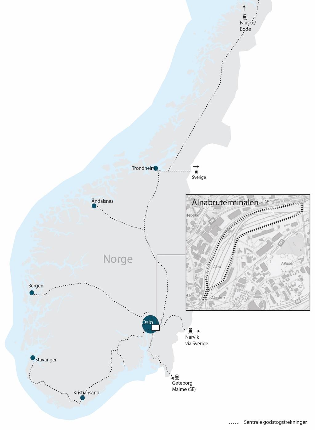 INNLEDNING Figur 1-1 Alnabruterminalens beliggenhet i Norge og Oslo,
