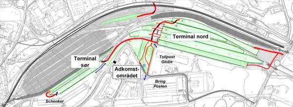 3.5.2 INTERNVEIER FOR KJØRETØY Internveisystemet håndterer trafikken fra hovedporten og videre inn på terminalen.