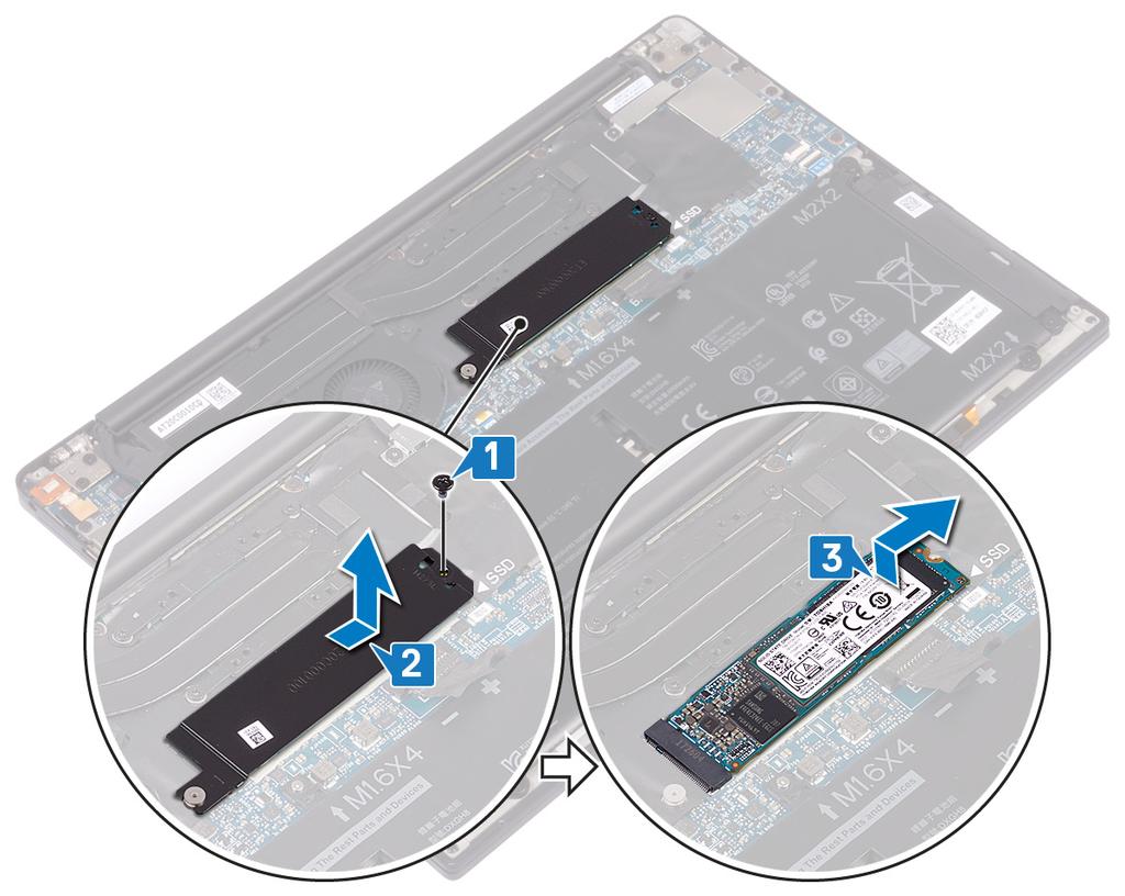 7 Fjerne SSD-stasjonen ADVARSEL: Før du gjør noe arbeid inne i datamaskinen, må du lese sikkerhetsinformasjonen som fulgte med datamaskinen, og følge trinnene i Før du arbeider inne i datamaskinen.