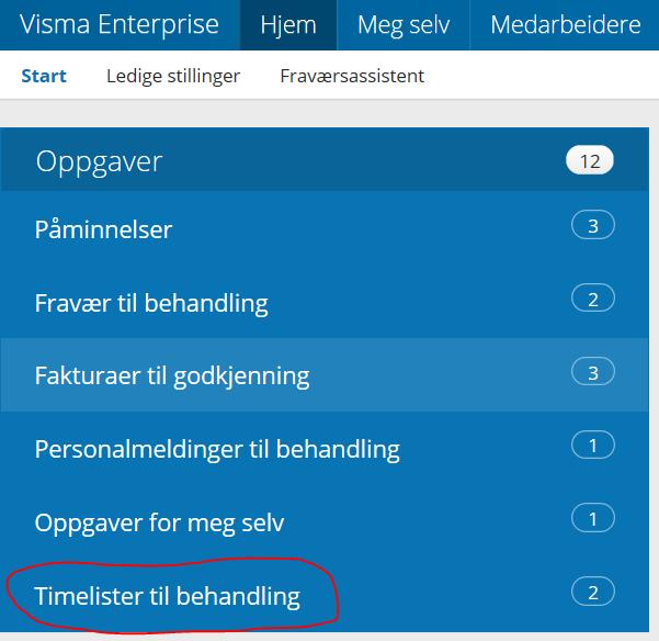 Timelister/trekk du skal behandle Desse ligg under Oppgaver på startsida i Visma web.