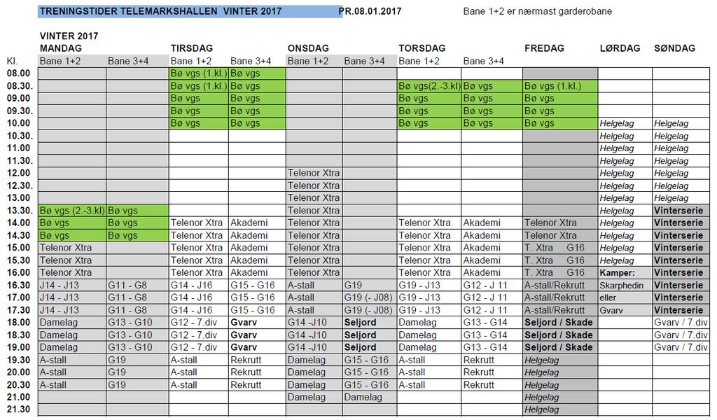 Tabell 11 - Treningstider Telemarkshallen vinter 2016/17 Gymsalen på Bø Skule Gymsalen på Bø skule eies, driftes og leies ut av Bø kommune.