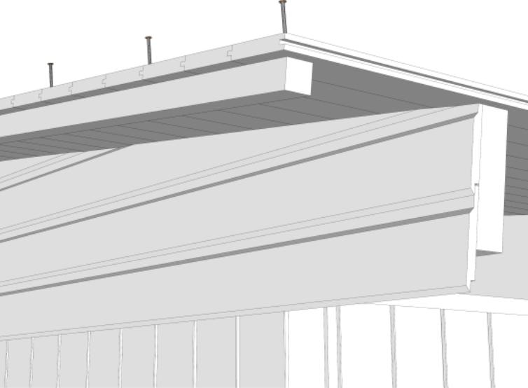 La panelen gå minimum 30 cm på utsiden av taksperrene på hver side. Rupanelen skjøtes på taksperrene. Den nederste raden rupanel spikrer du med 2 stk.