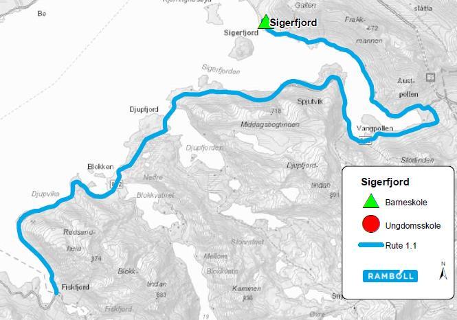 4.1 Sigerfjord skole Dagens bussrute for Sigerfjord er vist i Figur 2. Dette vurderes som tilfredsstillende for planperioden mtp. bosetting og elevtall.