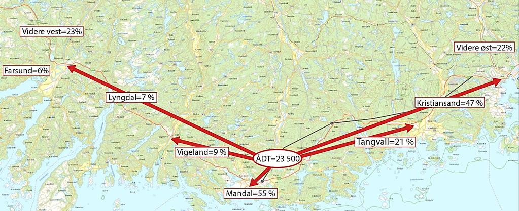 Figur 6-3: Målpunkt for trafikk som benytter innkjøring til Mandal i referansealternativet år 2046. (kartkilde: Topografisk Norgeskart) 6.3 Bompenger Bompenger vil delvis finansiere ny E39.