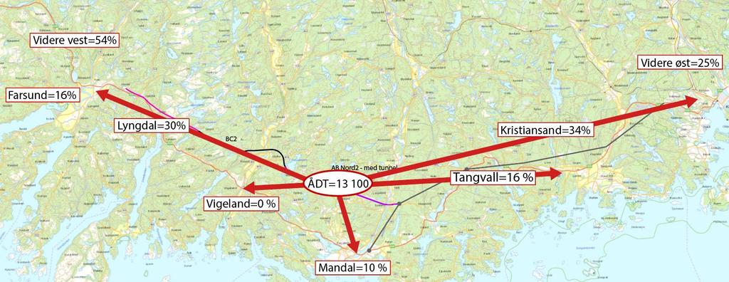 Figur 6-8: Målpunkt for trafikk som benytter ny E39 uten kryss i år 2046. (kartkilde: Topografisk Norgeskart) 6.