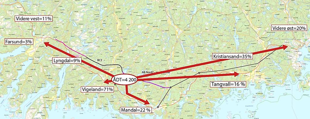 Kjøremønster på tilfartsvei Tredal i år 2046 veilinje AB Nord I kartet under er det vist hvor trafikantene på tilfartsvei Tredal har start/målpunkt.