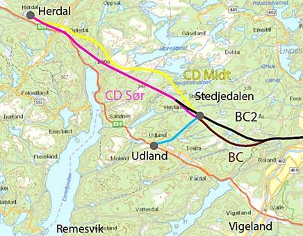 Figur 6-16: Kart over tilfartsvei Udland. Tilfartsvei er vist med blå linje.