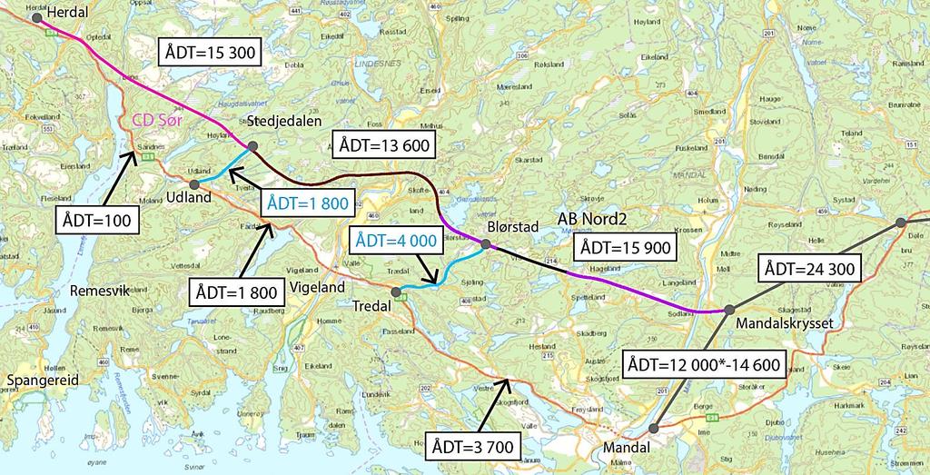 Oppsummering Mens krysset på Tredal primært betjener trafikk mellom Vigeland og Kristiansand/Tangvall, og også trafikk mellom vestre deler av Mandal og Lyngdal/E39 vest, betjener krysset på Vigeland