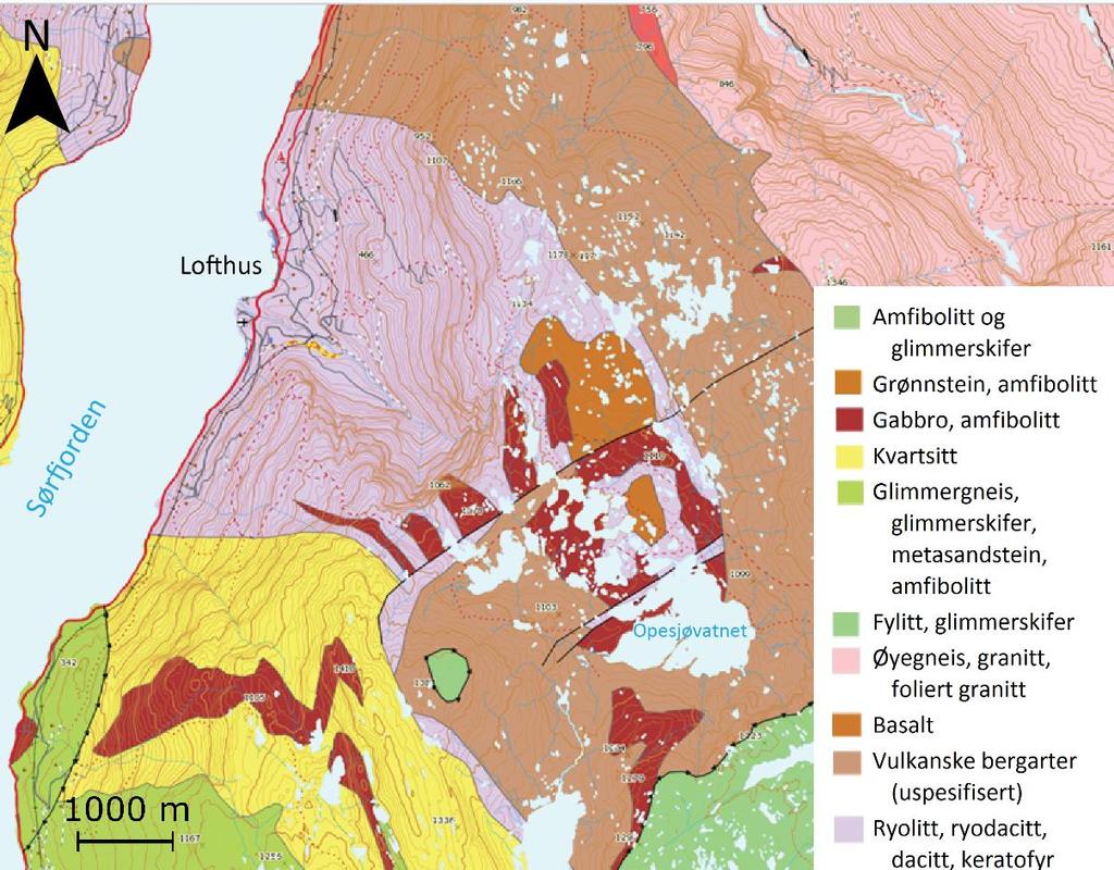 2 Teoretisk bakgrunn 2.1 Regional geologi 2.1.1 Berggrunn og strukturgeologi Både dalbunnen og dalsidene i Lofthus består i hovedsak av kvartsrik metaryolitt, som tilhører Ullensvanggruppen og kvartsitt (NGU, 2018).