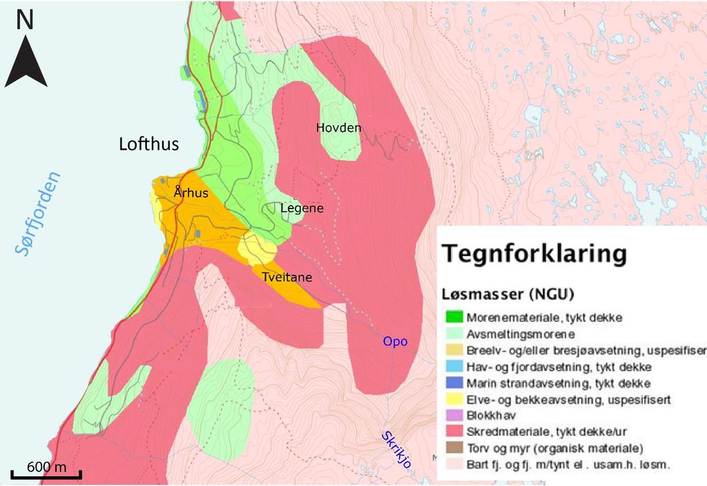 Figur 2.3. Løsmassekart over Lofthus. Morenemateriale og (glasi)fluviale avsetninger dominerer i lavtliggende områder.