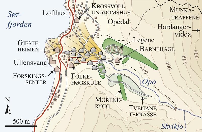 Hentet og modifisert fra (Kartverket, 2016). Et forenklet kvartærgeologisk kart over løsmasser og landformer i Lofthus er fremstilt av Aarseth (2015) (figur 2.4).