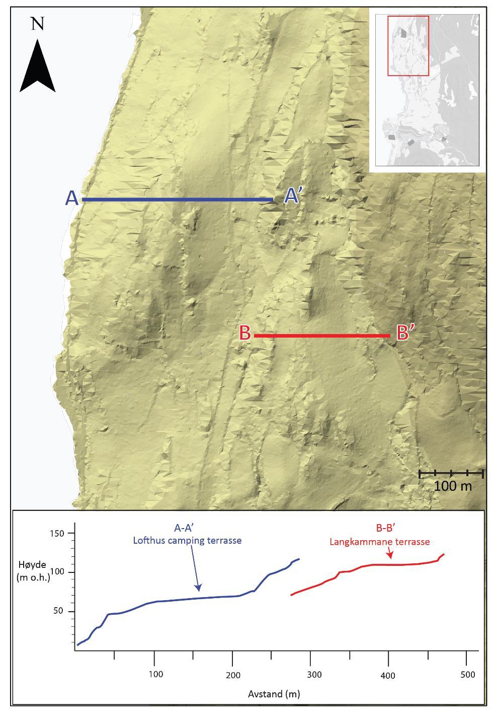 Figur 4.15. Øverste kart viser digital terrengmodell nord i studieområdet (se innsatt kart) over Lofthus camping-terrassen (blå) og Langkammane-terrassen (rød).