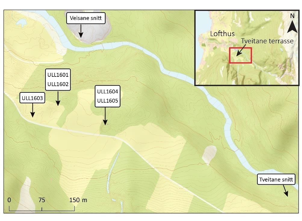 Figur 4.17 Plassering til blokker på Tveitane-terrassen som prøvene ULL1601-ULL1605 ble hentet inn fra. Veisane- og Tveitane-snitt er også markert på kartet.