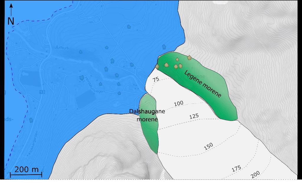 Figur 5.1 Ismarginens posisjon i Lofthus i preboreal og avsetting av Legene- og Dalshaugane morene. Bakgrunnskart hentet og modifisert fra Kartverket (2017c). Figur 5.