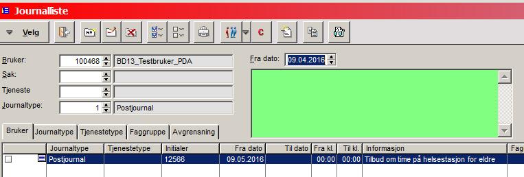 Det gjøres på følgende måte: Stå på riktig bruker i journalbildet. Sett inn journaltype = 1 Postjournal som vist under.