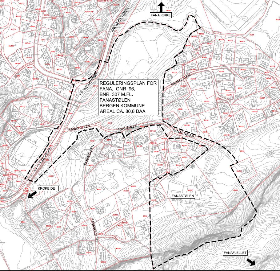 Om planens formål er det kunngjort følgende: 2 «Planens formål er å øke utnyttelsen innenfor planområdet og legge til rette for boligbebyggelse. Eksisterende bebyggelse på gnr. 96 bnr.